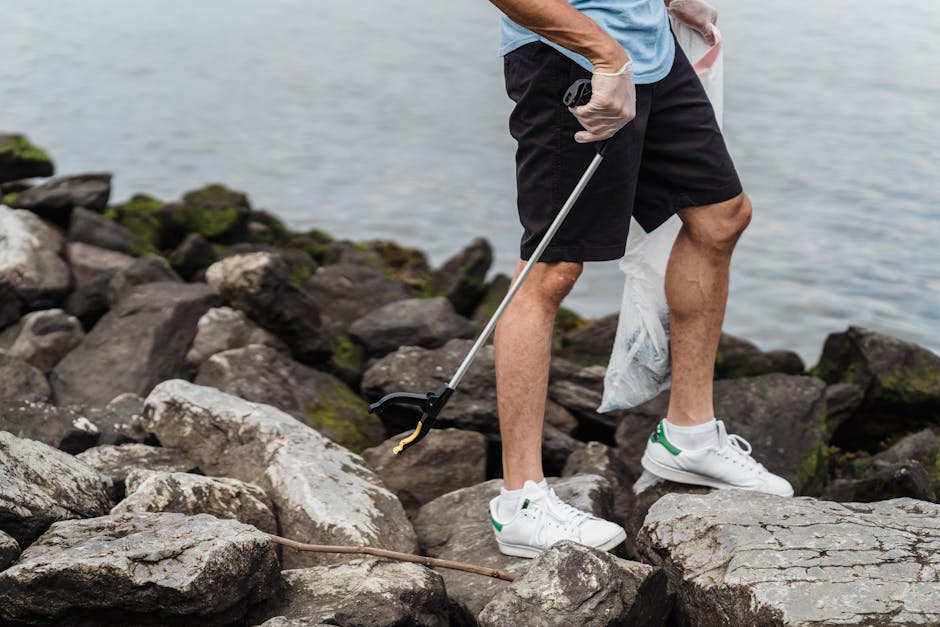 A person wearing a light blue t-shirt, black shorts, and white sneakers with green accents is standing on a rocky shoreline near a body of water. They are holding a litter picker in their right hand and have a plastic rubbish bag in their left hand, suggesting they are engaged in collecting debris or rubbish from the area. The rocks are of various sizes, predominantly dark grey and brown, with some patches of green moss or algae visible on the surface, indicating a damp environment. The background shows the water’s surface, which is calm with gentle ripples, and the scene is illuminated with natural daylight, creating a clear and neutral atmosphere. The individual’s posture and the presence of litter collection tools imply that they are participating in an outdoor rubbish removal activity, aligning with private waste disposal efforts outside of municipal services, typical of independent rubbish removal practices in coastal or shoreline environments. Rubbish Removal Bayswater offers services related to rubbish clearance, which can include on-site collection in similarly natural or urban settings.